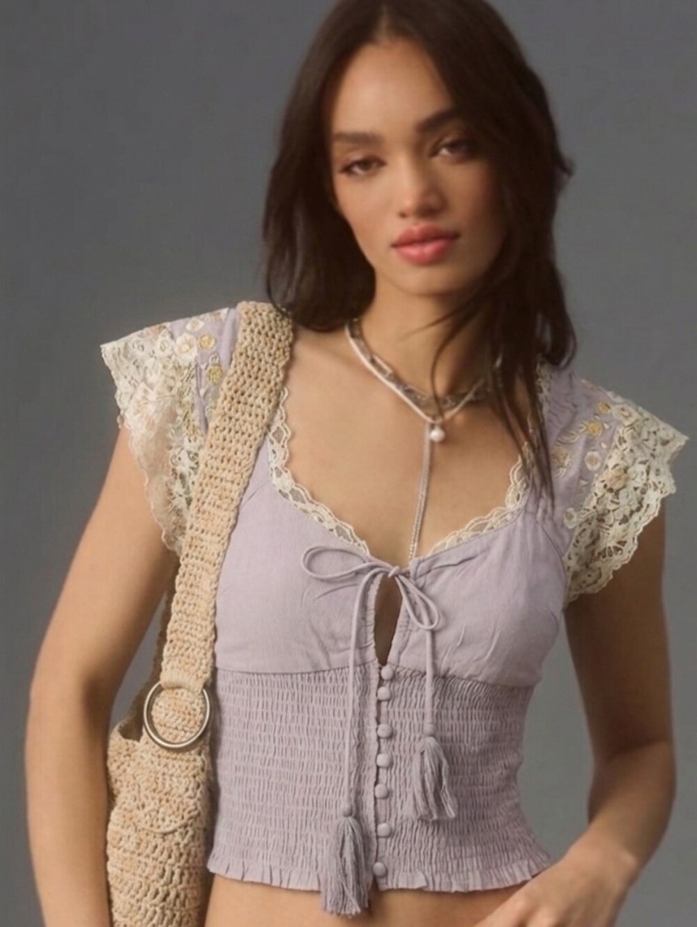 NWOT Wishlist Apparel Lavender Smocked Floral Lace Tie-Front Boho Crop Top Med